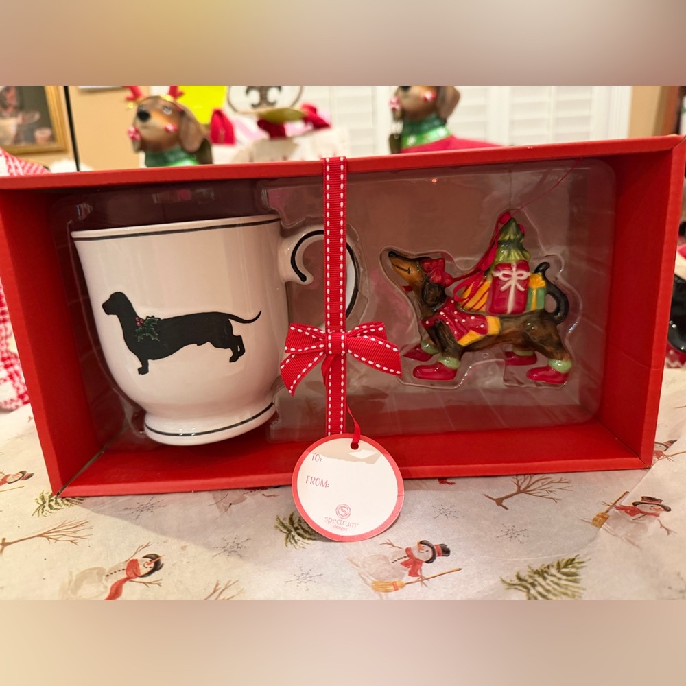 Blue Sky Dachshund Christmas ornament plus dachshund mug gift set